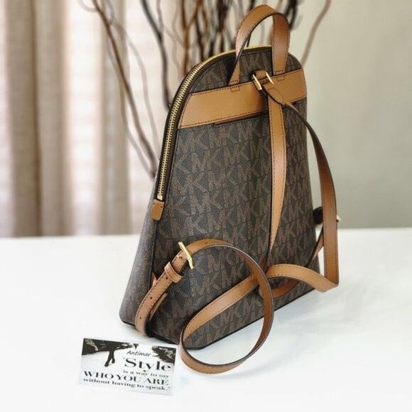 NEW! MICHAEL KORS Cindy MK Signature Brown LG Backpack Bag Gold Logo - Picture 3 of 14